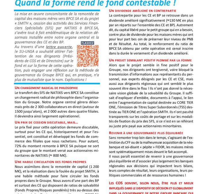 Projet SMITH & Gouvernance Groupe BPCE – Quand la forme rend le fond contestable !