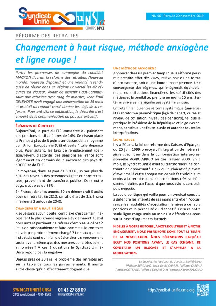 thumbnail of NN 2019-06 Réforme des retraites – Changement à haut risque, méthode anxiogène et ligne rouge