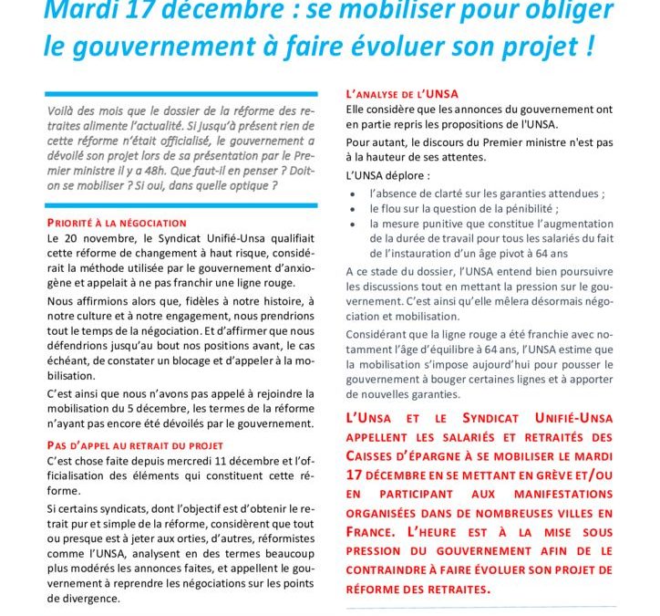 Mardi 17 décembre : se mobiliser pour obliger le gouvernement à faire évoluer son projet !